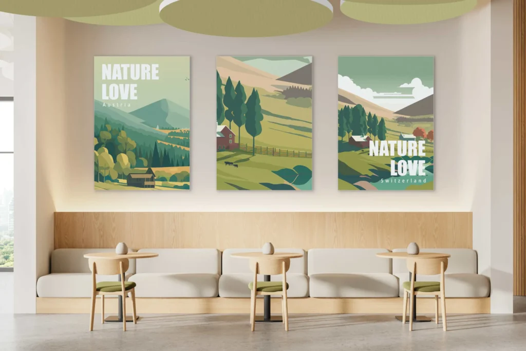 Akustik Design aus drei Wandbildern hinter einer Sitzmöglichkeit in einem Cafe