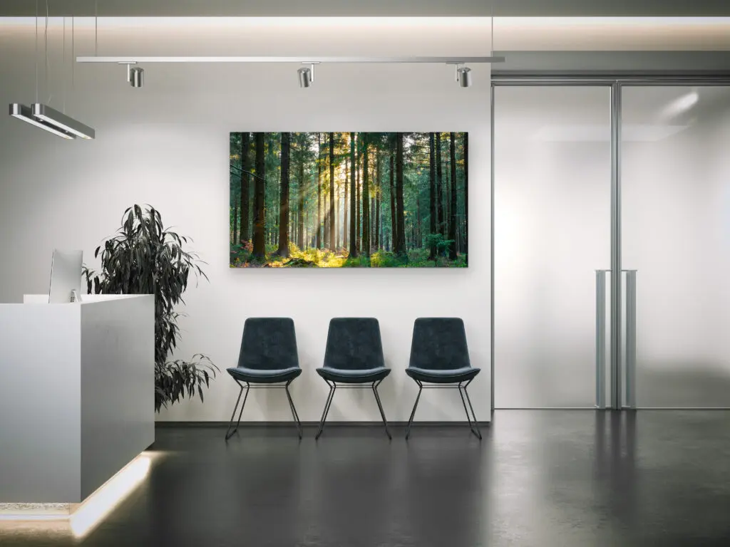 Monochromer Wartebereich einer Praxis mit einem farbstarken Wandbild mit Wald-Motiv