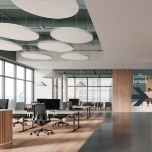 Individuell geformte Deckensegel mit Akustikwirkung in einem Büro