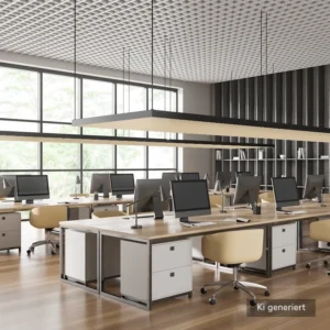 Individuelle Textilspannrahmen als Deckensegel mit Akustikwirkung in einem Büro