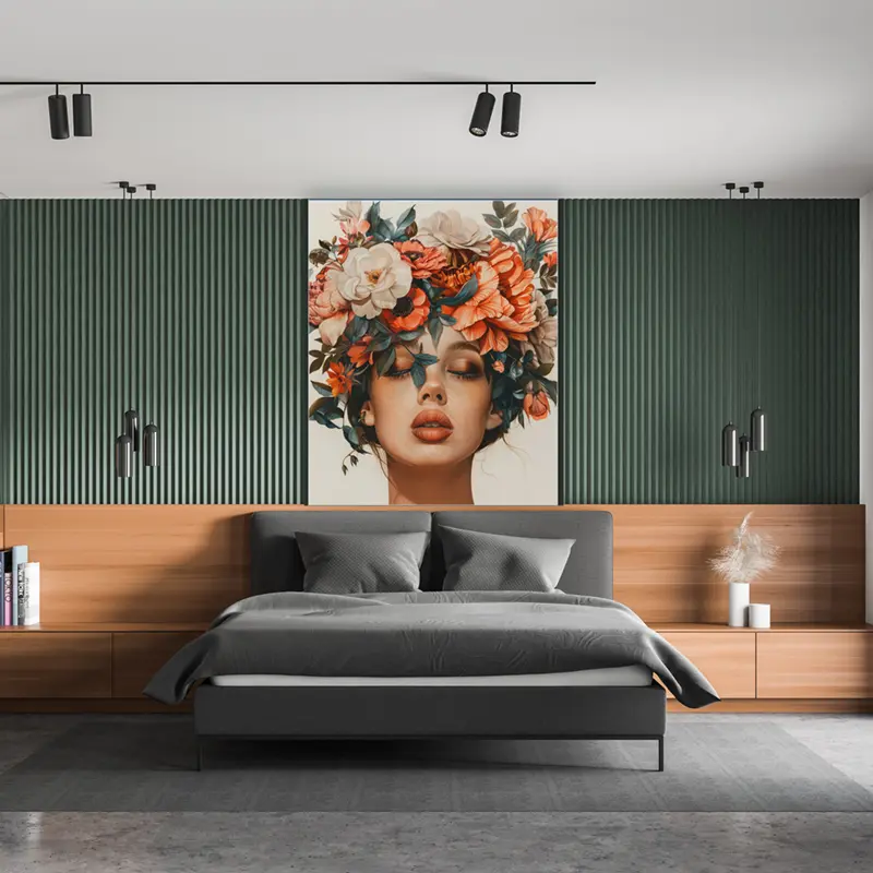 Wandbild mit Akustikwirkung mit Portrait-Textildruck in einem Hotelzimmer