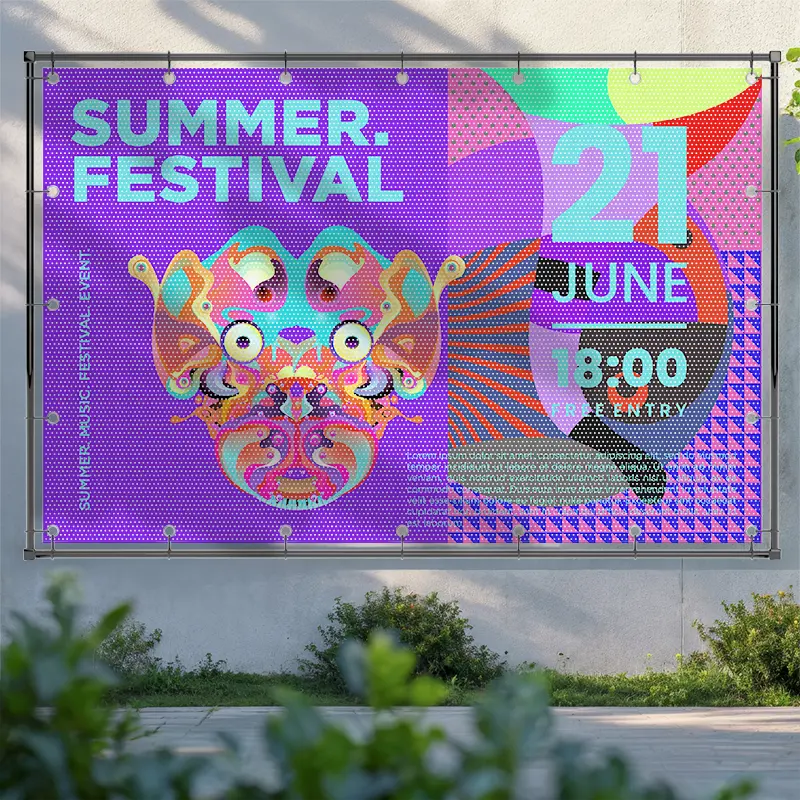 CCS_fabric_frame_produktpremium__outdoor_Meshbanner_01a CCS Premium Outdoor Meshbanner mit Ösen aufgehangen in einem Stangensystem an einer Fassade