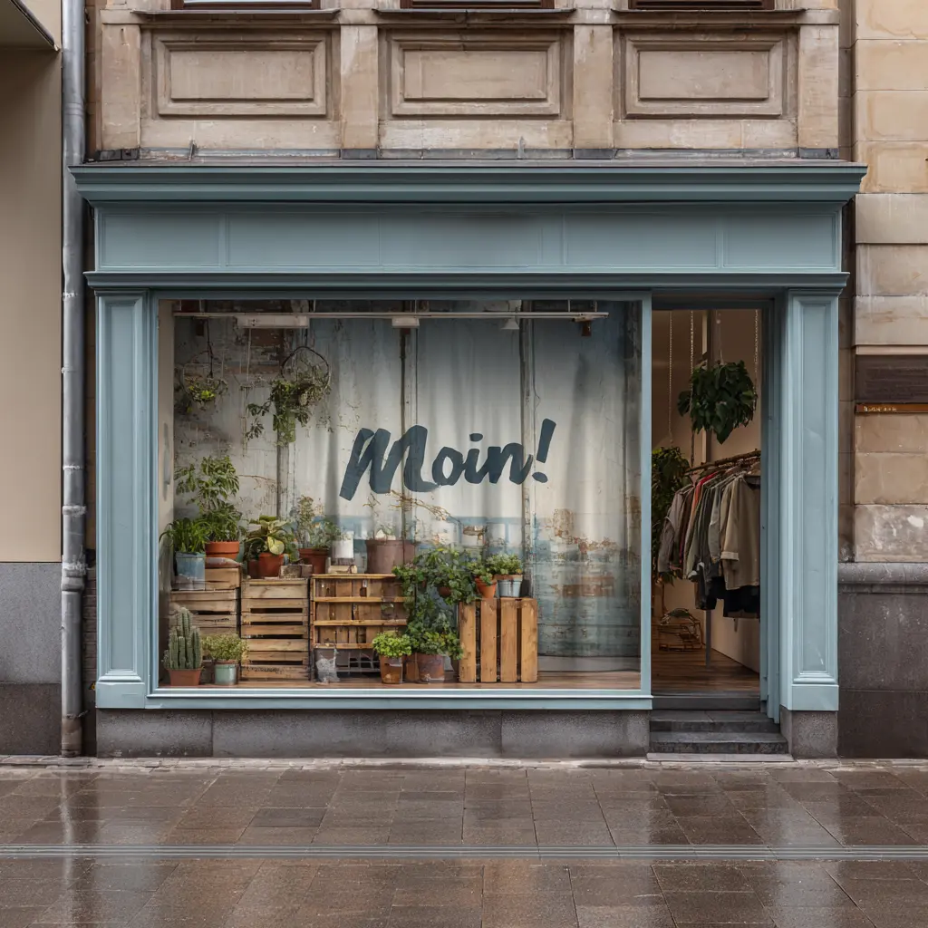 Textildruck als Vorhang im Schaufenster einer Boutique als Teil des Visual Merchandising