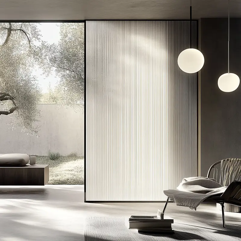 Trennwand mit halbtransparenter Textilbespannung in einem Wohnbereich