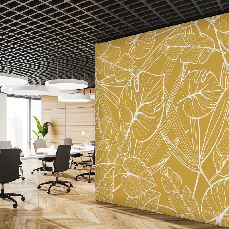 Textildruck als vollflächige Wandbespannung in einem Meetingraum