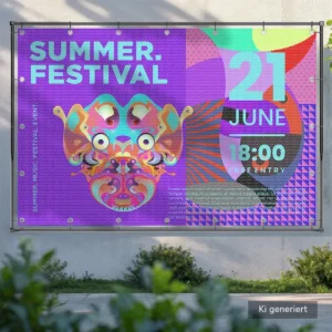 CCS Premium Outdoor Meshbanner mit Ösen aufgehangen in einem Stangensystem an einer Fassade