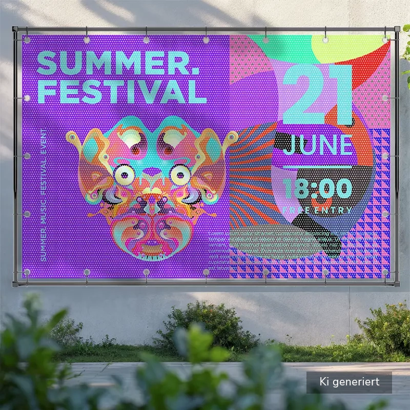 CCS Premium Outdoor Meshbanner mit Ösen aufgehangen in einem Stangensystem an einer Fassade