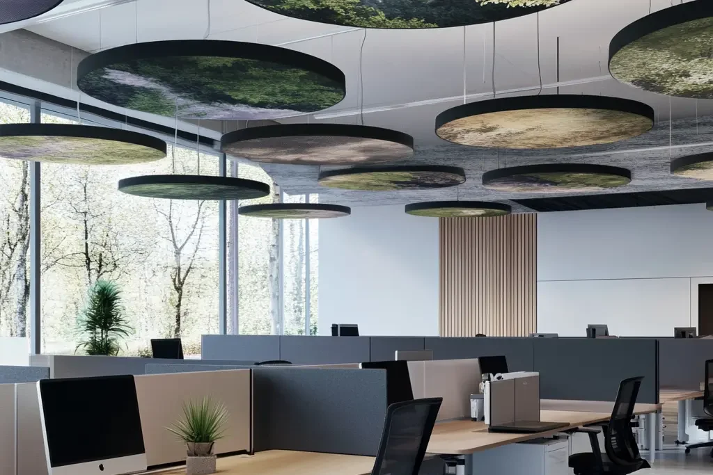 Runde Deckensegel in einem Großraumbüro zur Verbesserung der Raumakustik