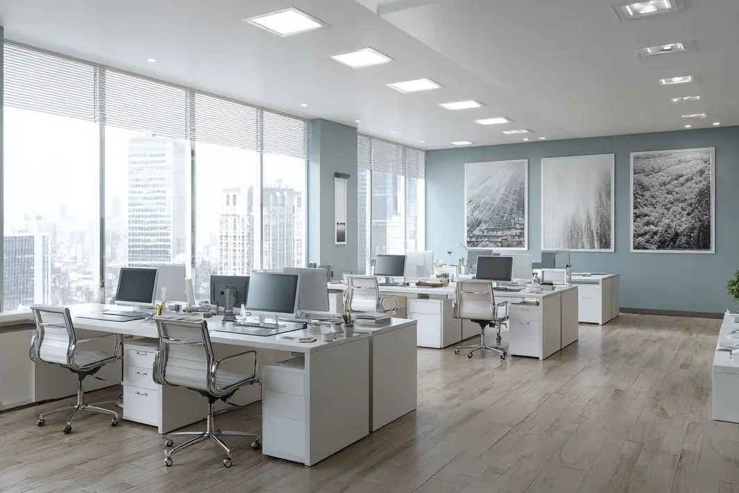 Modernes Büro mit großen Fenstern und Akustik-Wandbildern