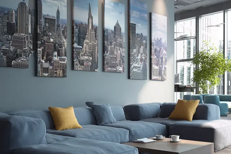 Moderne Lobby mit großen Akustikwandbildern