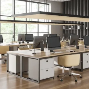 Individuelle Textilspannrahmen als Deckensegel mit Akustikwirkung in einem Büro