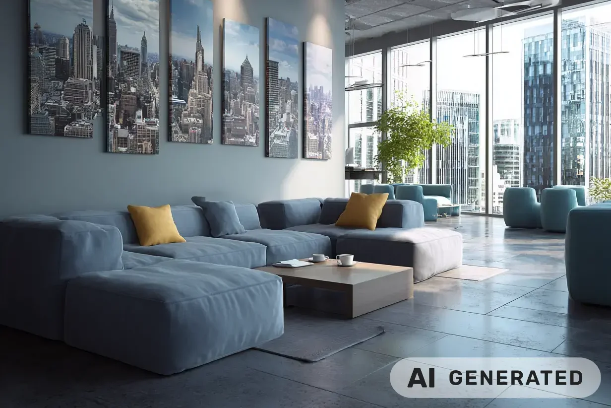 Moderne Lobby mit großen Akustikwandbildern