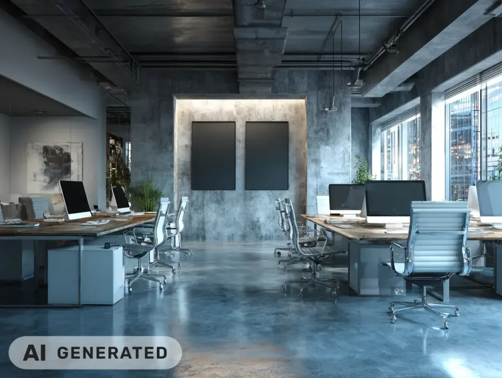 Büro mit großen schwarzen Wandbildern mit Akustikwirkung