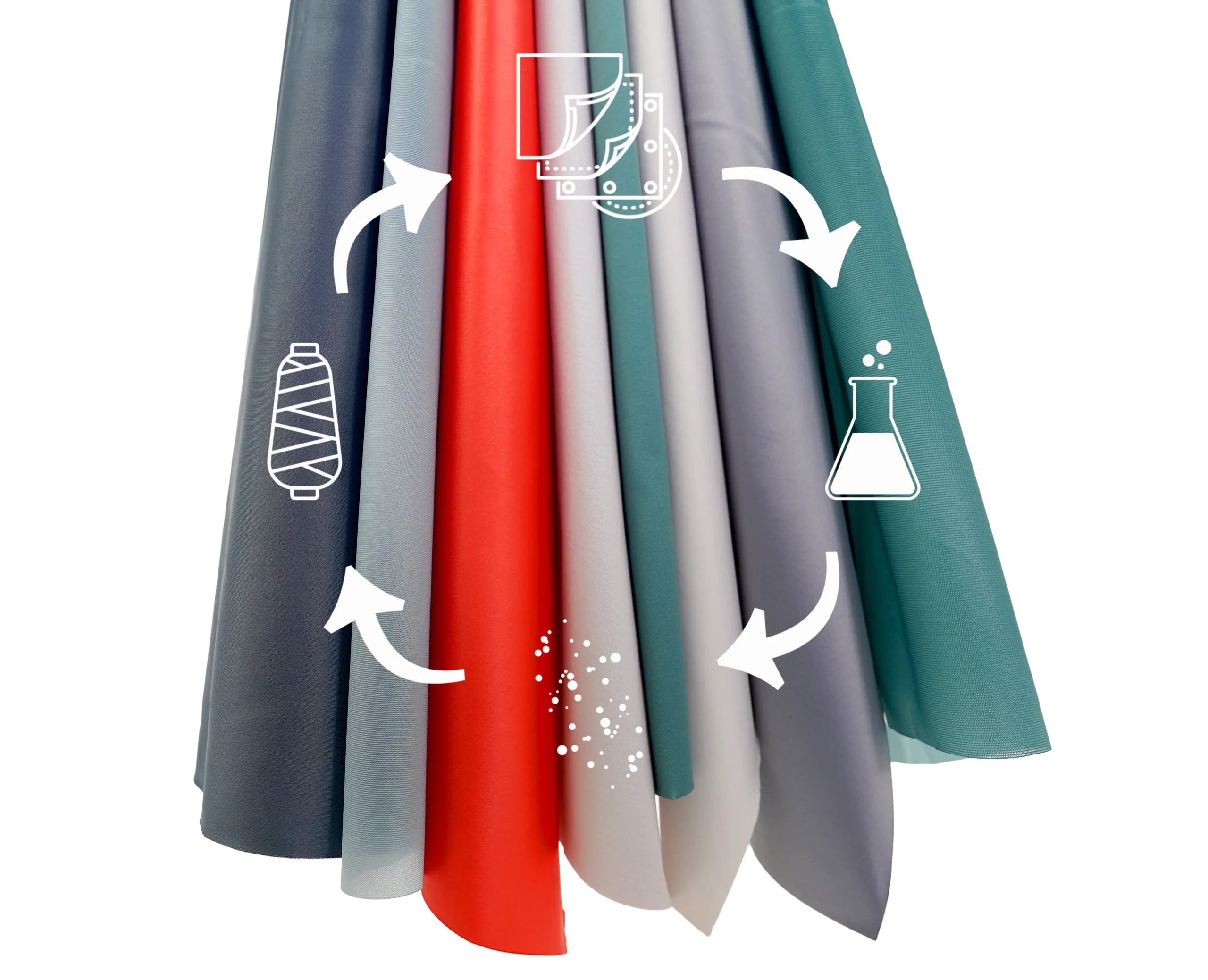 Herabhängende Stoffe mit Symbolen für den textilen Recycling-Kreislauf